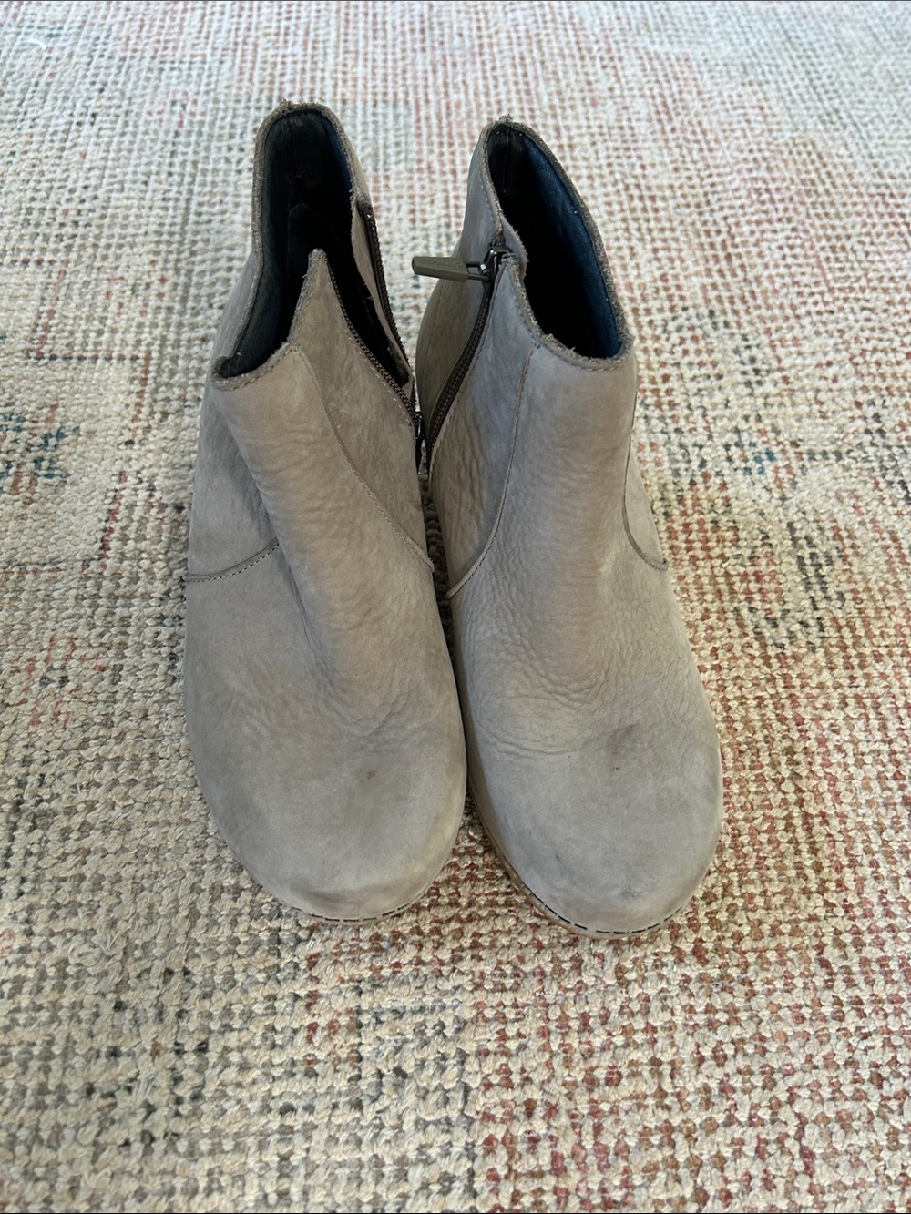 Dansko Taupe Nubuck Leather Heeled Ankle Boots, Chelsea Booties, 38